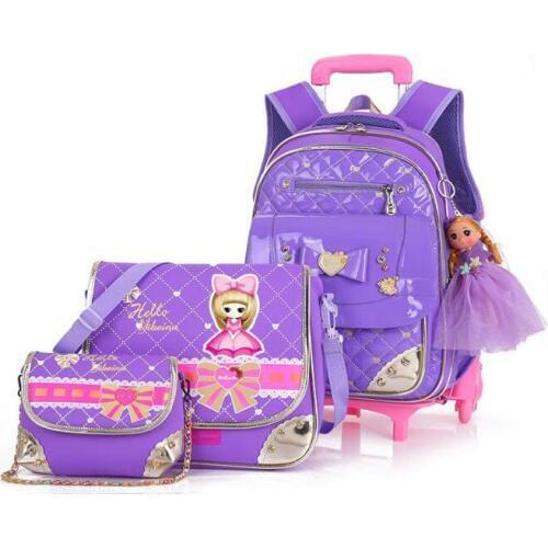 Children 3 Wheeled School Bag Cute Style Detachable Trolley School Bag High Quality Nylon Kids Backpacks Large Capacity 3pcs/set