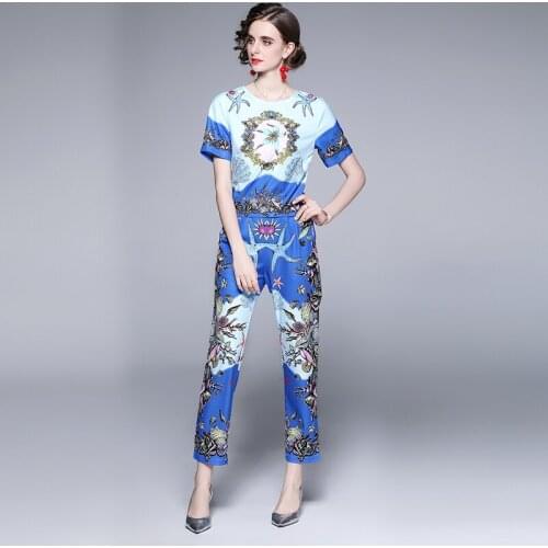 Menahem Summer Fashion Cartoon Blue Floral Print Suit Women Short Sleeve TShirts Tops and Slim Pocket Long Pants 2 Pieces Set