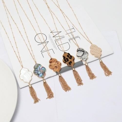 Fashion Flower Hexagon Abalone shell Leopard Pendant Necklace Tassels Long Chain Sweater Necklace Geometric Jewelry