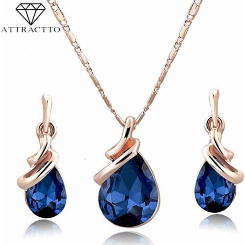 ATTRACTTO Blue Minimalist Fashion Jewelry Wedding Necklace Earrings Sets Gold For Bridal Elegant Ladys Jewelry Set SET190004