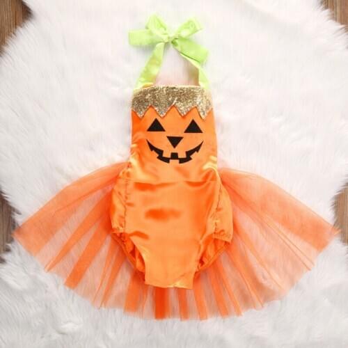 Newborn Baby Girls Halloween Costume Sleeveless Halter Romper Pumpkin Mesh Tutu Dress Party Clothes Outfits