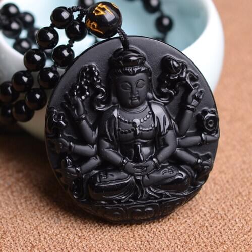 Natural Obsidian Thousand-hand Bodhisattva Jade Pendant Jewelry Lucky Exorcise Evil Spirits Auspicious Jade Pendant Fine Jewelry