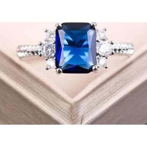 Luxury Princess Dark Blue Stone Rings for Women Wedding Bridal Zircon Crystal Silver Color Ring Jewelry Gift Bague Femme