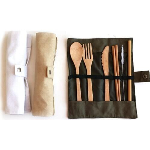 Japanese Style Non-Paint Bamboo Knife, Fork and Spoon Set Creative Portable Straw Cloth Bag Tableware