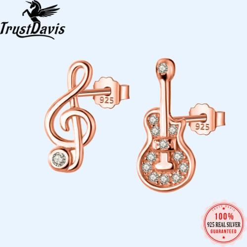 TrustDavis Real 925 Sterling Silver Fashion Asymmetric Guitar Notes Stud Earring For Women Wedding Minimalist Fine Jewelry DB110