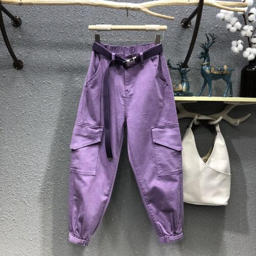 2021 New Spring Autumn Women Denim Pants Lavender Causal Cargo Pants Ankle-length Loose Elastic Waist Tie Feet Jean Trousers