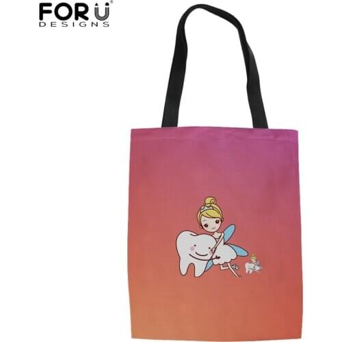 FORUDESIGNS Girls Shoulder Bags Rainbow Cute Nurse/Dentist Teeth Design Large Capacity Reusable Shopping Cloth Bag For Femme