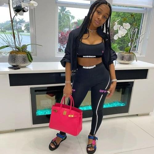 Letter print tracksuit women fitness casual two piece set