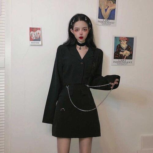 NiceMix Women Vintage black Two Piece Set Streetwear Split Flare Sleeve Crop Top + Mini Skirt Matching Set Skirt Mujer Suit Outf