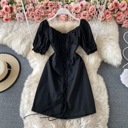 2021 Summer Korean Version of The New Slim Vestidos Female Square Collar Clavicle Short Sleeve Mini Dress C849