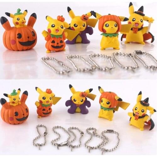 10Set (50 pieces) Halloween Pumpkin Pikachu Action Figure Keychain PVC Doll Toy Pocket Cosplay Pikachu Toy For Kids Gifts