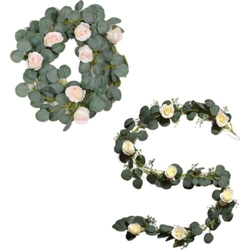 2 Meters Eucalyptus Leaves Garland with Rose Flowers Artificial Vines Plant
