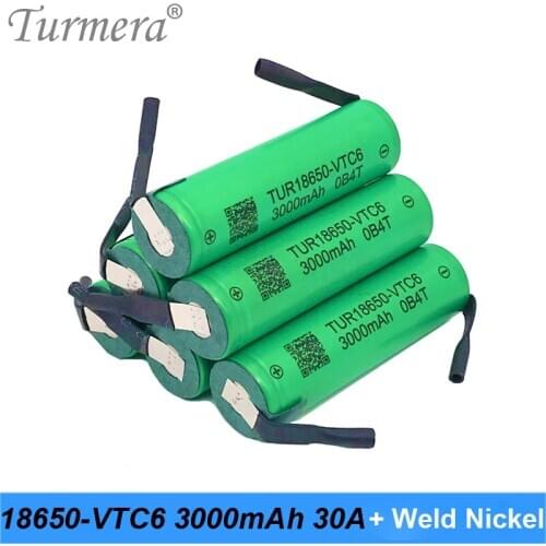 Turmera 18650 VTC6 3000mAh Battery 30A Soldering Nickel for 12V 16.8V 18V 25V Electric Drill Screwdriver Battery and E-bike Use