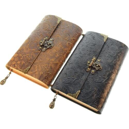 Embossed Pattern Soft Leather Travel Notebook with lock Key Diary Notepad Kraft Paper for business Sketching Writing