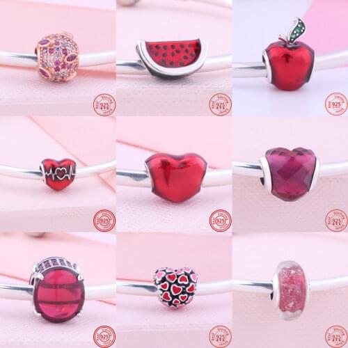 New 925 Silver Hand Painting Red Zircon Watermelon ECG Graph Beads Fit Original Pandora Charm Bracelet Bangles Women DIY Jewelry