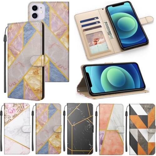 Geometric Marble Case for iPhone 12 11 Pro Max XR XS 6 7 8 Plus Flip Leather Wallet Full Cover Protection Card Phone Fundas