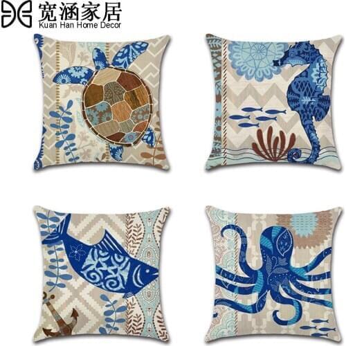 Marine Life Pillowcase Sea Turtle Seahorse Fish Throw Pillow Case Linen Cushion Cover Home Decorative Octopus Pillowcover corgi