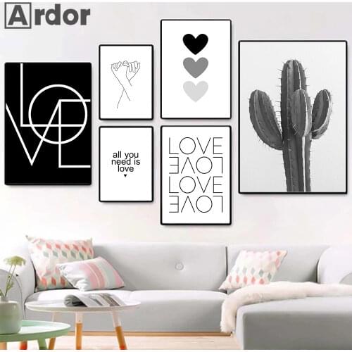 Black And White Cactus Love Hearts Canvas Painting Hand In Hand Poster Minimalist Quotes Decor Modern Wall Art Prints Home Decor