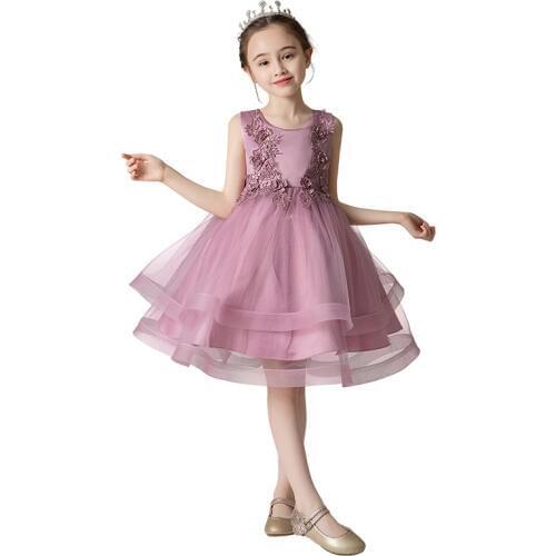 Cute Girls Party Dresses Children Sleeveless Flower Applique Tulle Wedding Dress Father and Daughter Dancing Gown