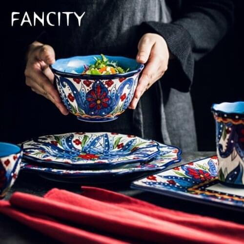 FANCITY Blue Luca Series American Country Ceramic Tableware Creative Hand-painted Rice Bowl Steak Western Food Plate Salad Plate
