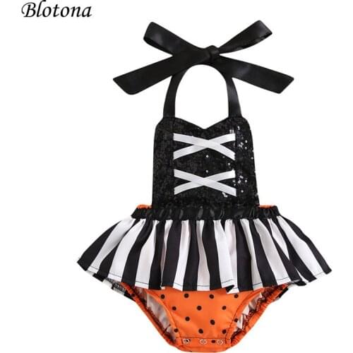 Blotona Toddlers Halloween Rompers, Sequined Stripes Tied Halter Neck Sleeveless Backless Jumpsuit for Baby Girls, 0-24 Months