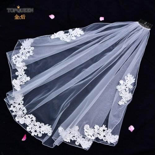TOPQUEEN V78 Short Wedding Veils Bridal Veils Wedding Short Elbow Length Lace Wedding Veil with Partial Trim Soft Veil Lace