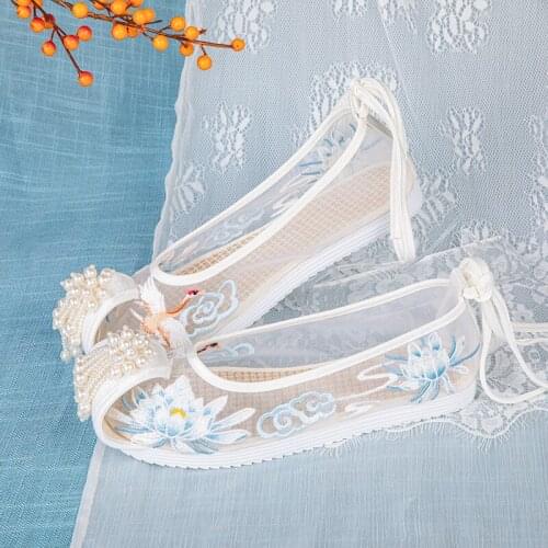 Summer Improved Pearl Costume Embroidered Shoes with Flat-bottomed Round Head Antique Womens Hanfu Mesh Shoes Summer
