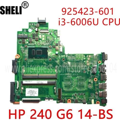 SHELI For HP 240 G6 14-BS Motherboard 925423-001 925423-501 925423-601 DA0P1BMB6D0 With I3-6006U CPU