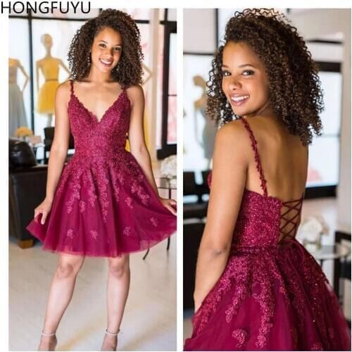 HONGFUYU Cute Lace Tulle A Line Short Homecoming Prom Dresses Cocktail Dress Appliques Spaghetti Straps vestidos de graduacion