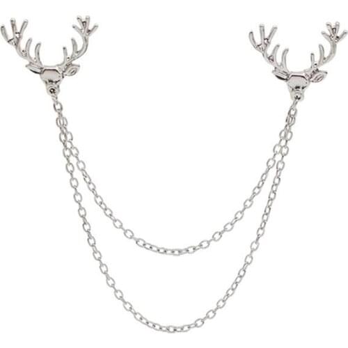 Fashion Men Women Shirt Suit Collar Deer Head Brooch Pin with Long Chain Gift HOT SALES
