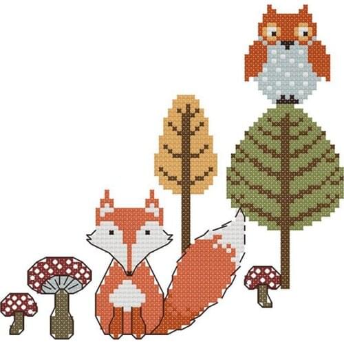 Embroidery Starter Kits 11CT Stamped Cross Stitch Kits Beginners for DIY Embroidery - the Fox and the Owl 24X24cm