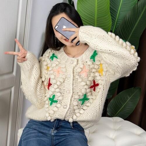 Palenda Hand Embroidered Floral Knitted Cardigan Coat Thick Needle 2020 New Style for Winter Korean Style Loose Knitted Sweater