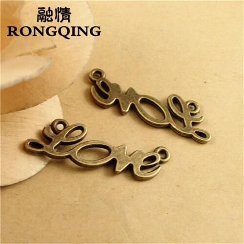 RONGQING 50pcs/lot 33*10MM Hollow Love Charms DIY Bronze Letter Charms for Crafts
