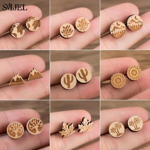 SMJEL Vintage Small Plant Wooden Earrings for Women Girls Jewelry orecchini Cute Tree World Map Stud Earrings kolczyki Christmas