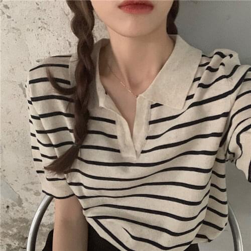Summer Knitting Tops Women 2021 New Design Korea Loose Striped Polo Collar Short Sleeve POPO Collar T Shirt Clothing Wholesale