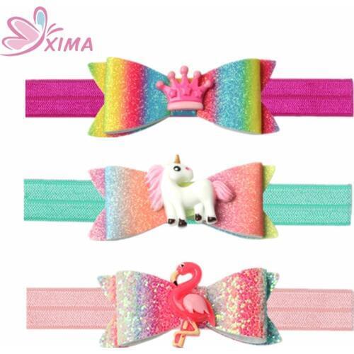 XIMA 1PC 3inch Glitter Hair Bows Mermaid Flamingo Hairband Unicorn Headband Girls Hair Accessories for Party
