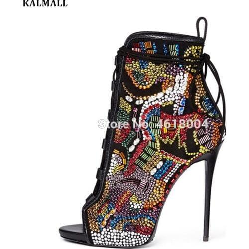 KALMALL Luxury Crystal Ankle Boots Women Multi-color Covered Comic High Heels Gladiator Cut outs Diamonds Sandals Boots Women