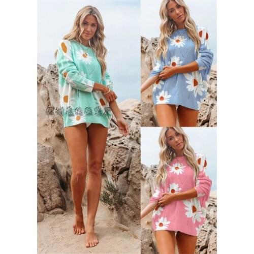 Autumn Winter Knitted Sweater Flower Pullover Vintage Loose Sweater Female Long Sleeve Printing O Neck Sweaters Clothes