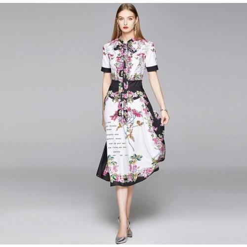 Women Summer Runway Sweet Bow Neck Dress Designer Short Sleeve Stripe Letter Floral Print Vintage Female Elegant Midi Dress