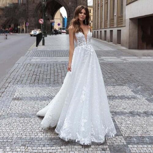 Sleeveless V-Neck Lace Appliques Backless Tulle A-Line Wedding Dress 2021 Vestido De Noiva Bridal Gown