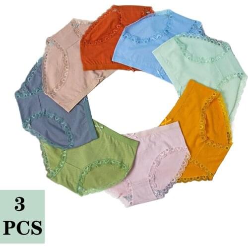 3PCS Women Cotton Panties Seamless Mid Waist Women Graphene Fabric Panties Solid Lace Briefs Underwear Sexy Plus Size Underpant