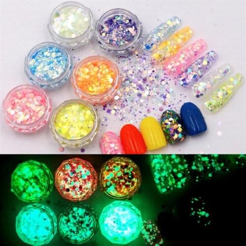 6 Boxes/Set Luminous Nail Glitter Sequins 3D Fluorescent Nail Glitter Flakes Glow In Dark Hexagon Mixed-Size Polish Tips