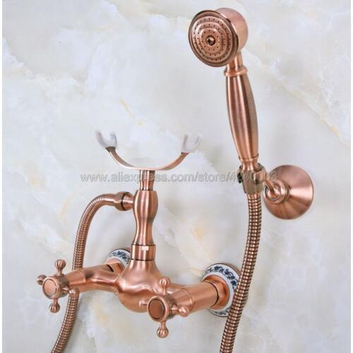 Antique Red Copper Wall Mounted Bathroom Faucet Bath Shower Mixer Tap With Hand Shower Head Shower Faucet Sets Kna343