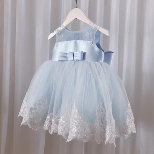 Kids Baby Girls Blue Lace Flower Dress Princess Toddler Girls Birthday Costumes for Evening Party Wedding Christening Ball Gown