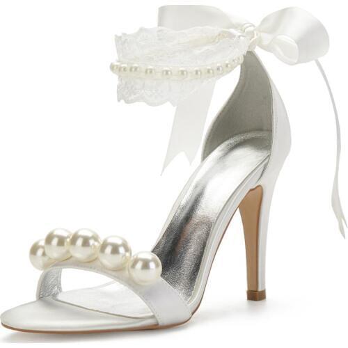 Elegant bridal wedding shoes summer high heels ankle strap lace pearls ribbon stelitto whte ivory sweet women sandals big pearl