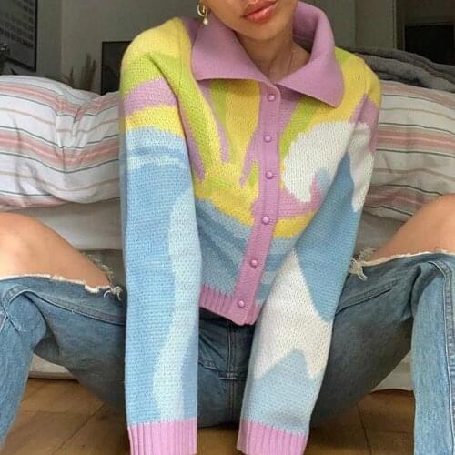 Foridol Print Harajuku Knitted Button Up Cardigans Sweater Long Sleeve Autumn Winter Short Cardigans Knitwear Sweater Tops