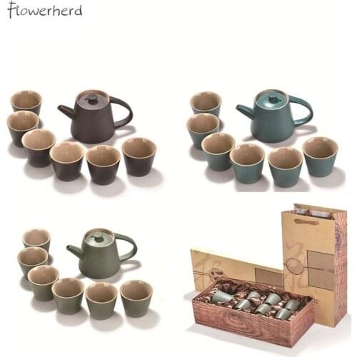 Ceramic Purple Clay Kung Fu Tea Set Teaware One Teapot Six Teacup Ru Kiln Ice Cracked Glaze Tea Cup Set of 6 Tea Pot and Cup Set
