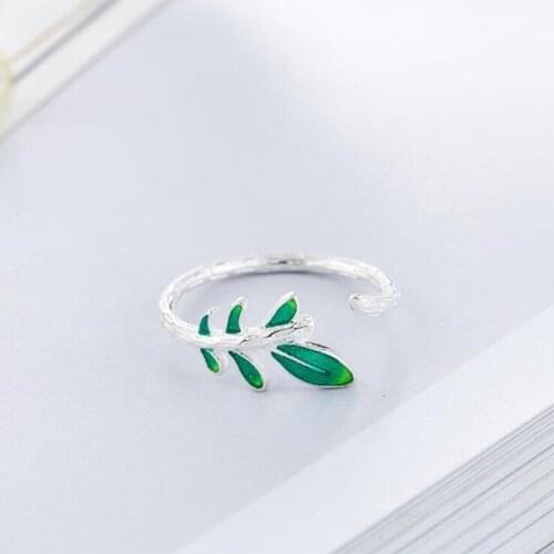 New Literary Personality Fashion 925 Sterling Silver Jewelry Personality Green Epoxy Leaf Natural Leaves Opening Rings SR142