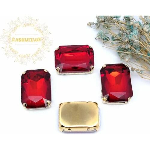 Red Rectangle Glass Crystal sew on rhinestones with FOUR gold claw Diy wedding dress accessories Free shipping