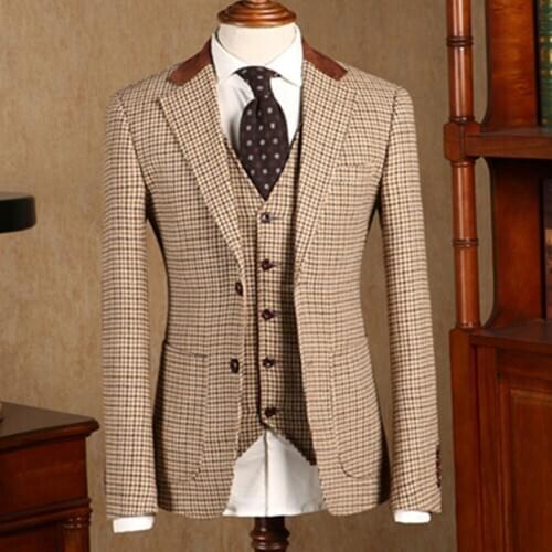 2020 Khaki Houndstooth Suits Formal Wool Blend Tweed Vintage Tuxedo Mens Two Button Notch Lapel Suits